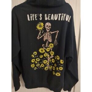 Ladies Sz L Bowery Supply Skeleton Daisies Life's Beautiful Black Hoodie